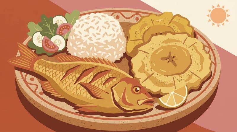 Fried fish with coconut rice and patacón